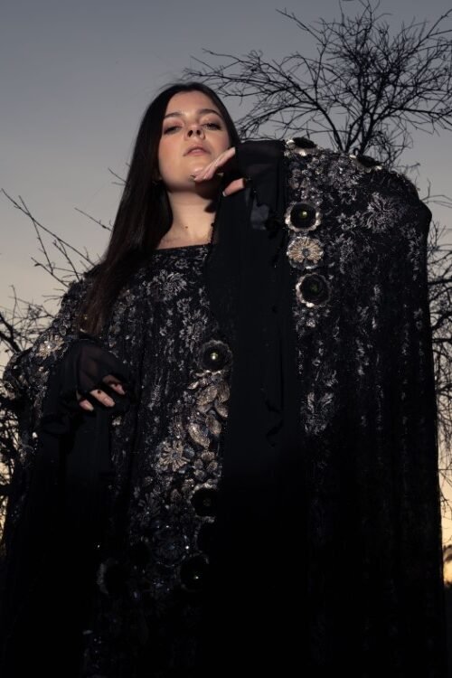 Magistic Multi-layered black lace poncho with deep 3D rose emroidery