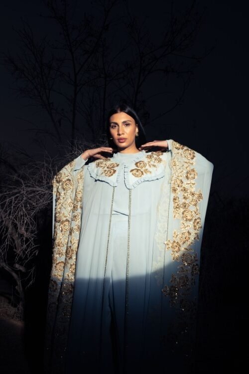 Haute couture co-ord with gold floral emroidery