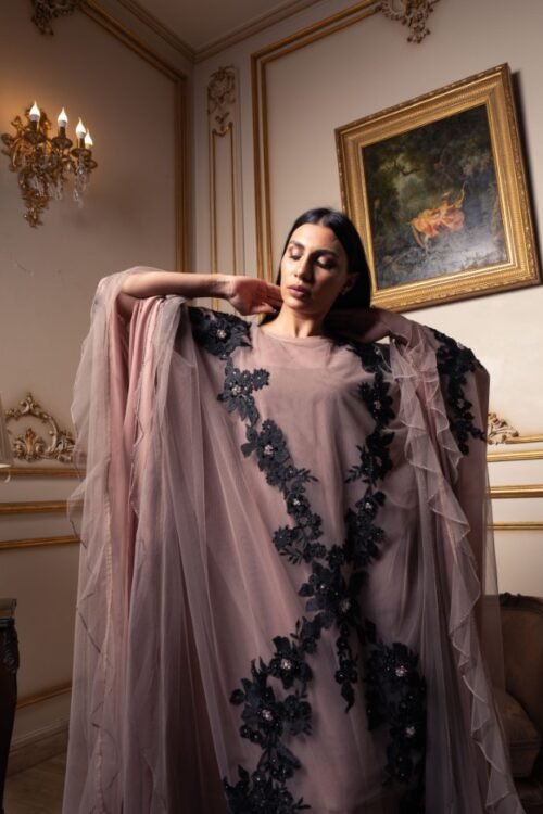 Dreamy double layered tulle and chiffon poncho with black appliques
