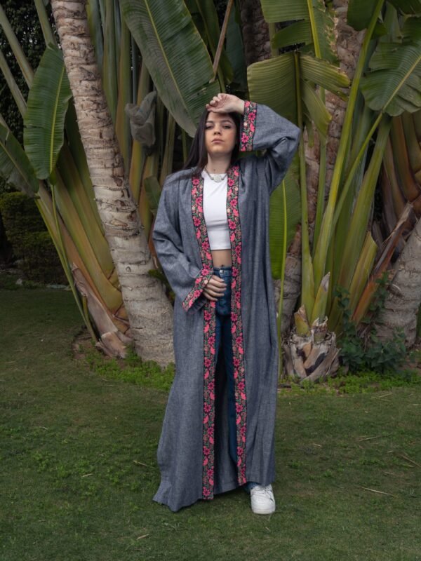 Dessert Moon Kaftan : A simple Hooded Linen Kaftan with detailed trim on the front and cuffs for timeless elegance. - Image 2