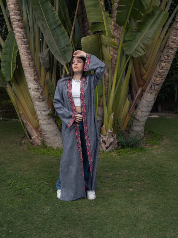 Dessert Moon Kaftan : A simple Hooded Linen Kaftan with detailed trim on the front and cuffs for timeless elegance. - Image 3
