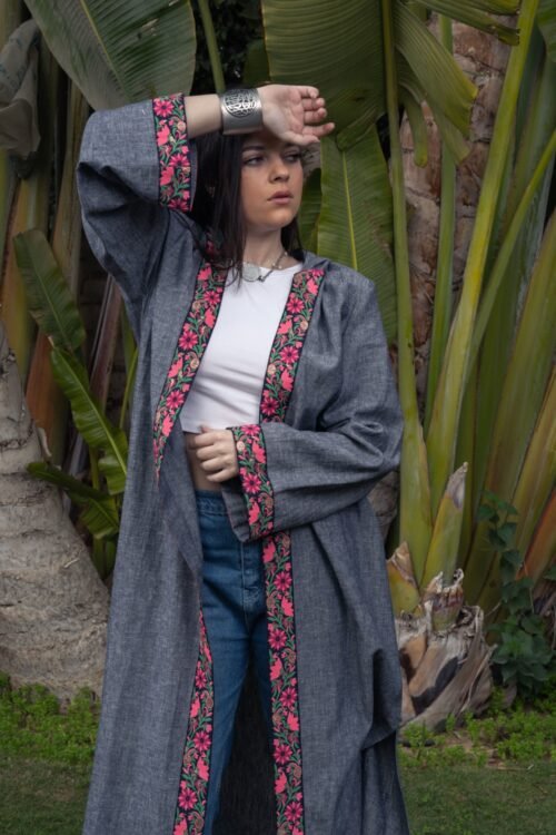 Dessert Moon Kaftan : A simple Hooded Linen Kaftan with detailed trim on the front and cuffs for timeless elegance.
