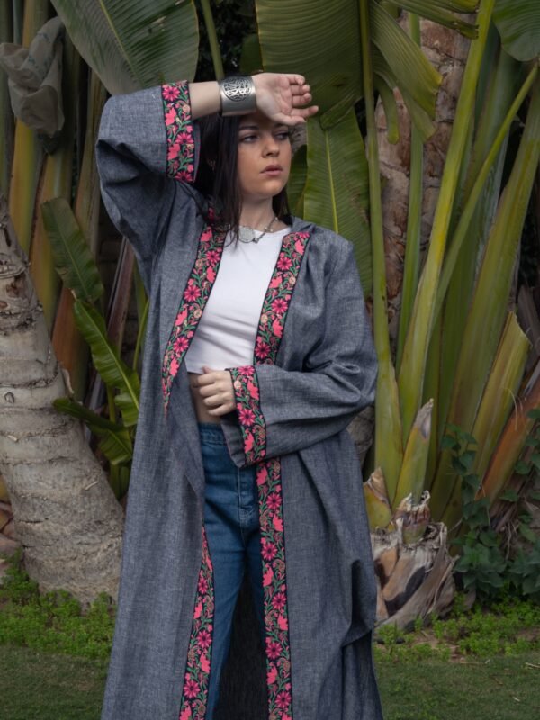 Dessert Moon Kaftan : A simple Hooded Linen Kaftan with detailed trim on the front and cuffs for timeless elegance.