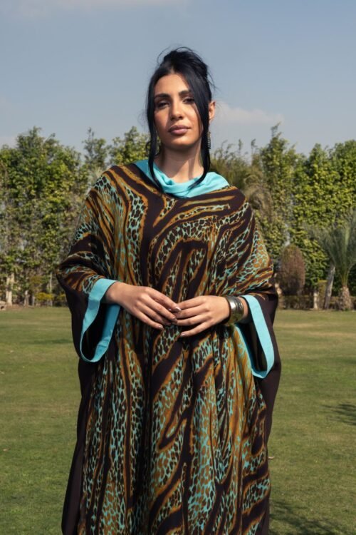 Leopard-print brown and turquoise poncho with bow-tie