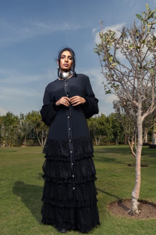 Black Luxury Crepe Salona Dress with delicate Lace Layers  Perfect for special occasions