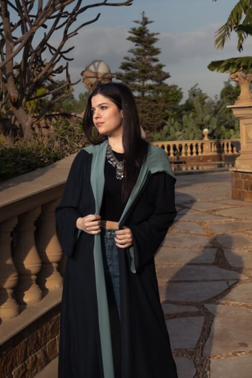 Double-layered black chiffon Cardigan with a teal inner layer and a stylish hood for an elegant look