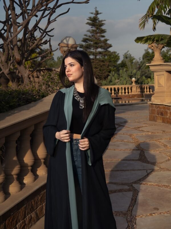 Double-layered black chiffon Cardigan with a teal inner layer and a stylish hood for an elegant look