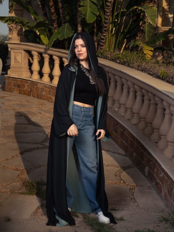 Double-layered black chiffon Cardigan with a teal inner layer and a stylish hood for an elegant look - Image 2