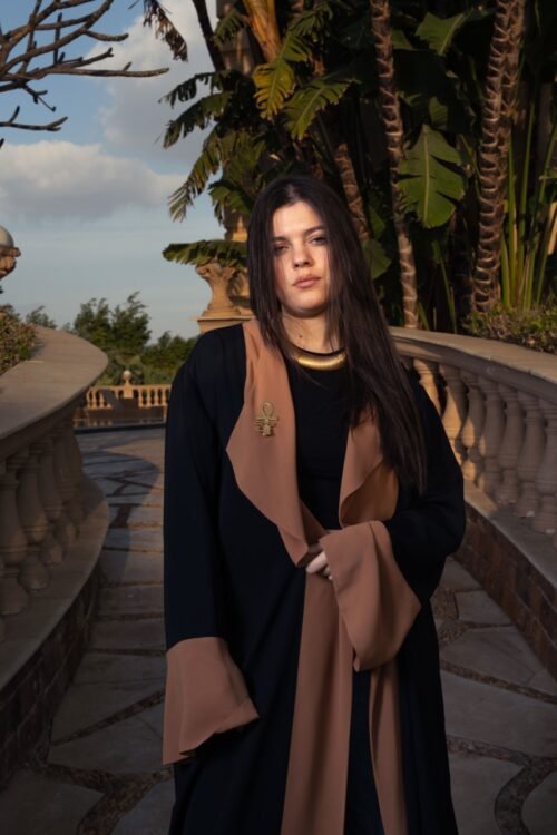 Black Chiffon opened abaya Kimono with Camel color on the front and cuffs