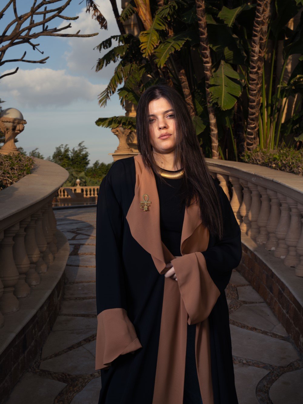 Black Chiffon opened abaya Kimono with Camel color on the front and cuffs