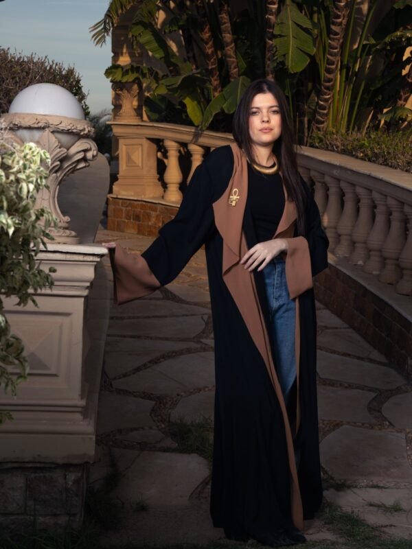 Black Chiffon opened abaya Kimono with Camel color on the front and cuffs - Image 2