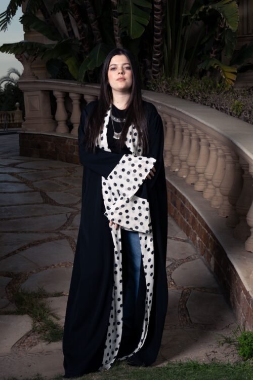 Black Chiffon opened abaya Kimono with Polka dots on the front and cuffs