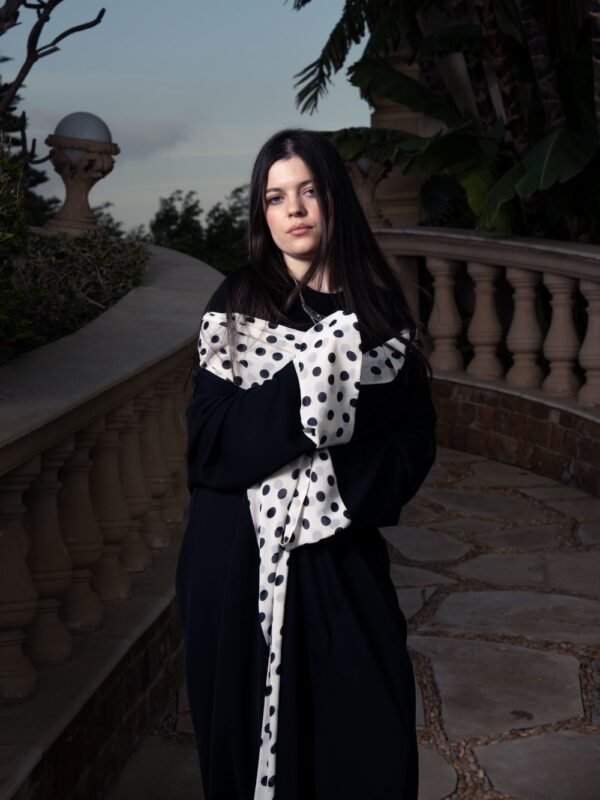 Black Chiffon opened abaya Kimono with Polka dots on the front and cuffs - Image 2