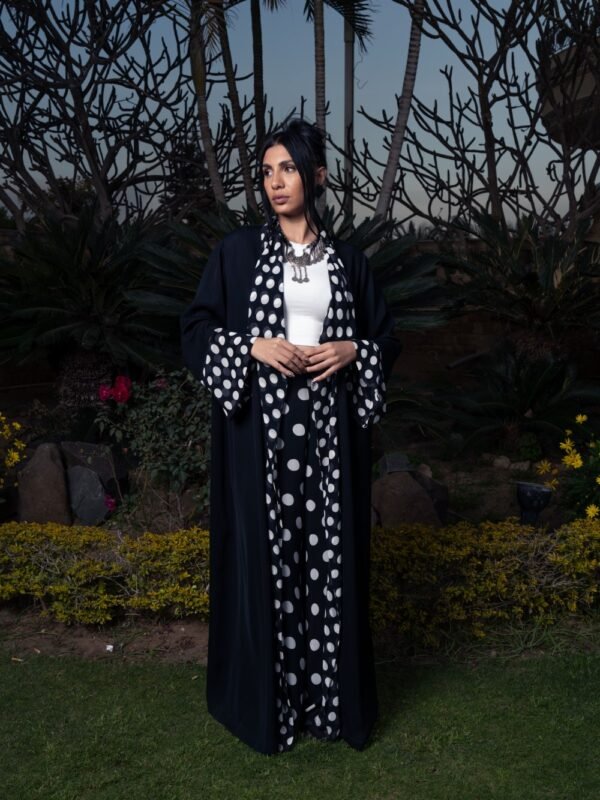 Black Chiffon opened abaya Kimono with polka dots on the front and cuffs - Image 4