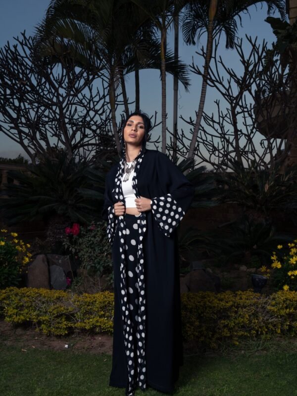 Black Chiffon opened abaya Kimono with polka dots on the front and cuffs - Image 3