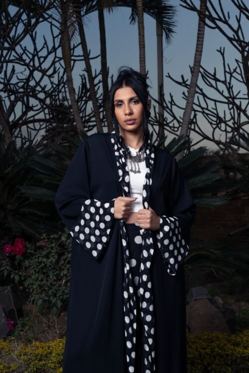 Black Chiffon opened abaya Kimono with polka dots on the front and cuffs