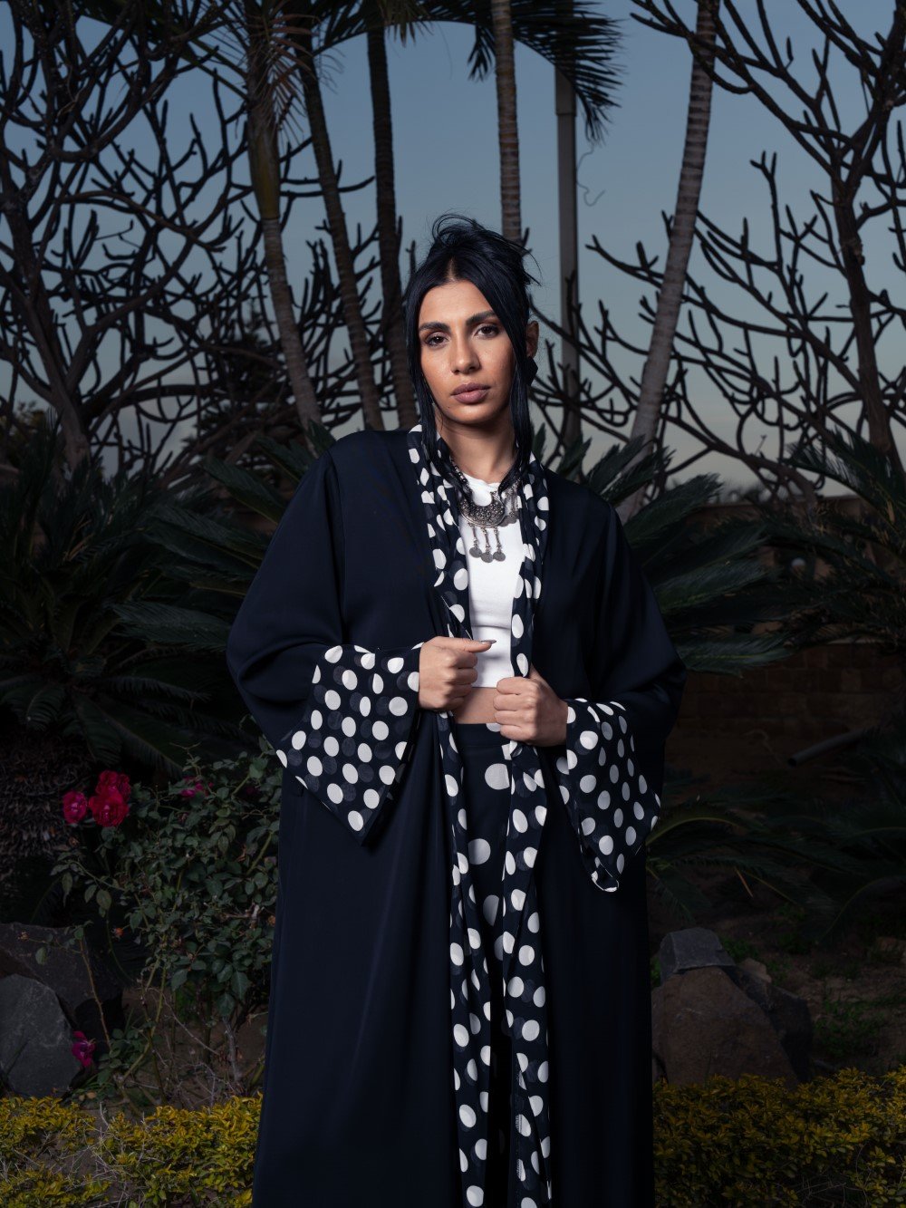 Black Chiffon opened abaya Kimono with polka dots on the front and cuffs