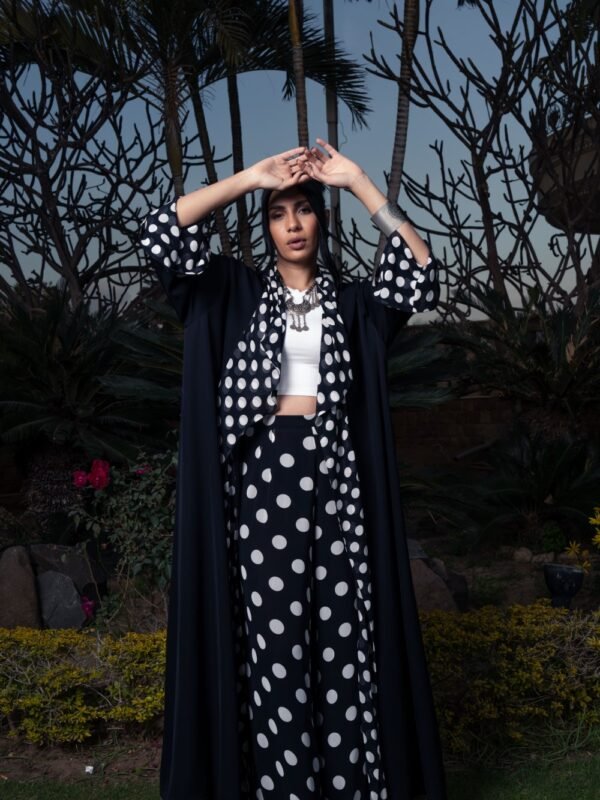 Black Chiffon opened abaya Kimono with polka dots on the front and cuffs - Image 2