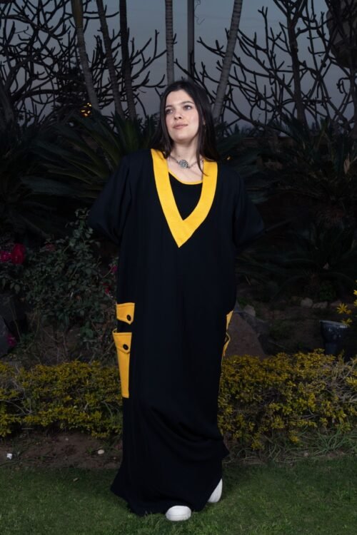 V-neck crepe abaya with a yellow cotton band for a refined and stylish look.