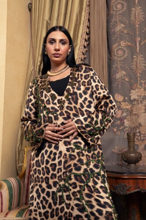 Tiger Print Abaya with hand made embroidery for a striking look