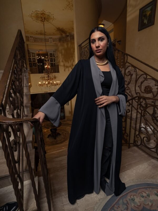 Black Chiffon opened abaya Kimono with grey color on the front and cuffs - Image 3
