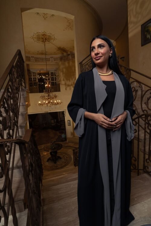 Black Chiffon opened abaya Kimono with grey color on the front and cuffs