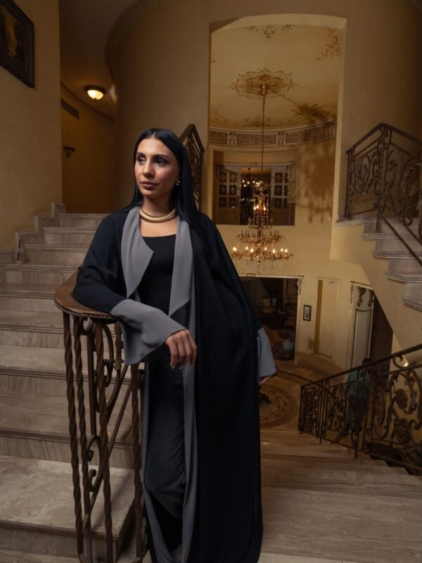 Black Chiffon opened abaya Kimono with grey color on the front and cuffs - Image 2