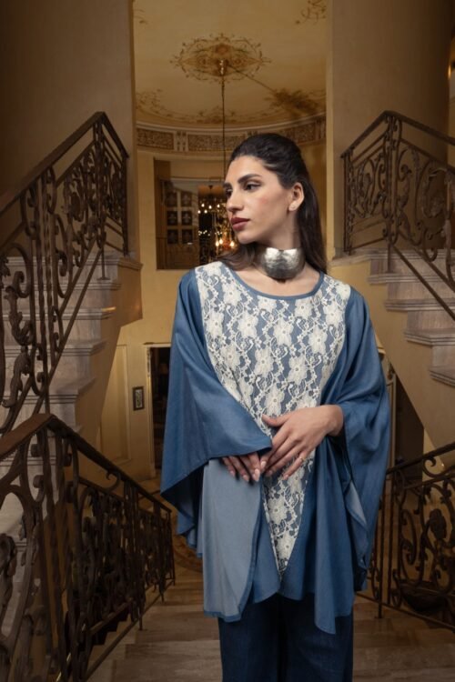 Denim and lace set (short poncho and wide leg pant)
