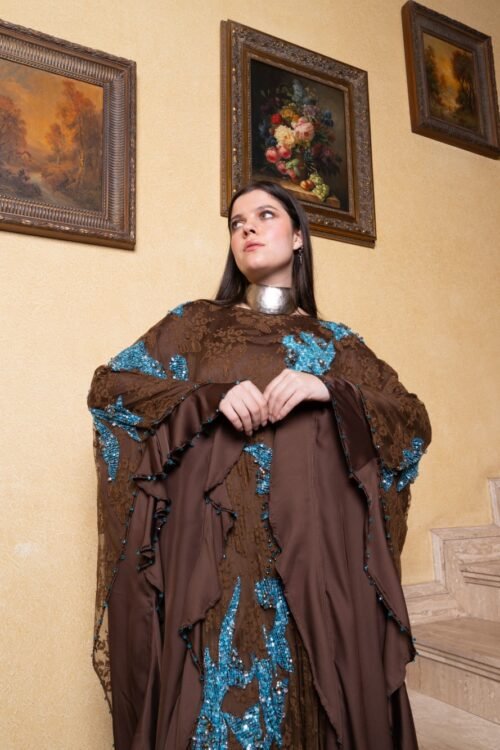 Handmade Double layed lace and chiffon poncho with truquoise stones and crystals